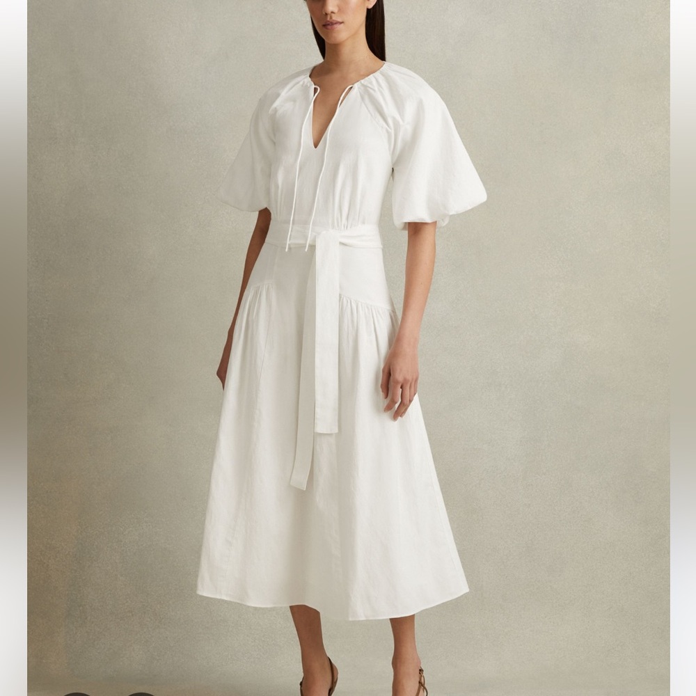 Reiss White Midi Dress with Puff Sleeves